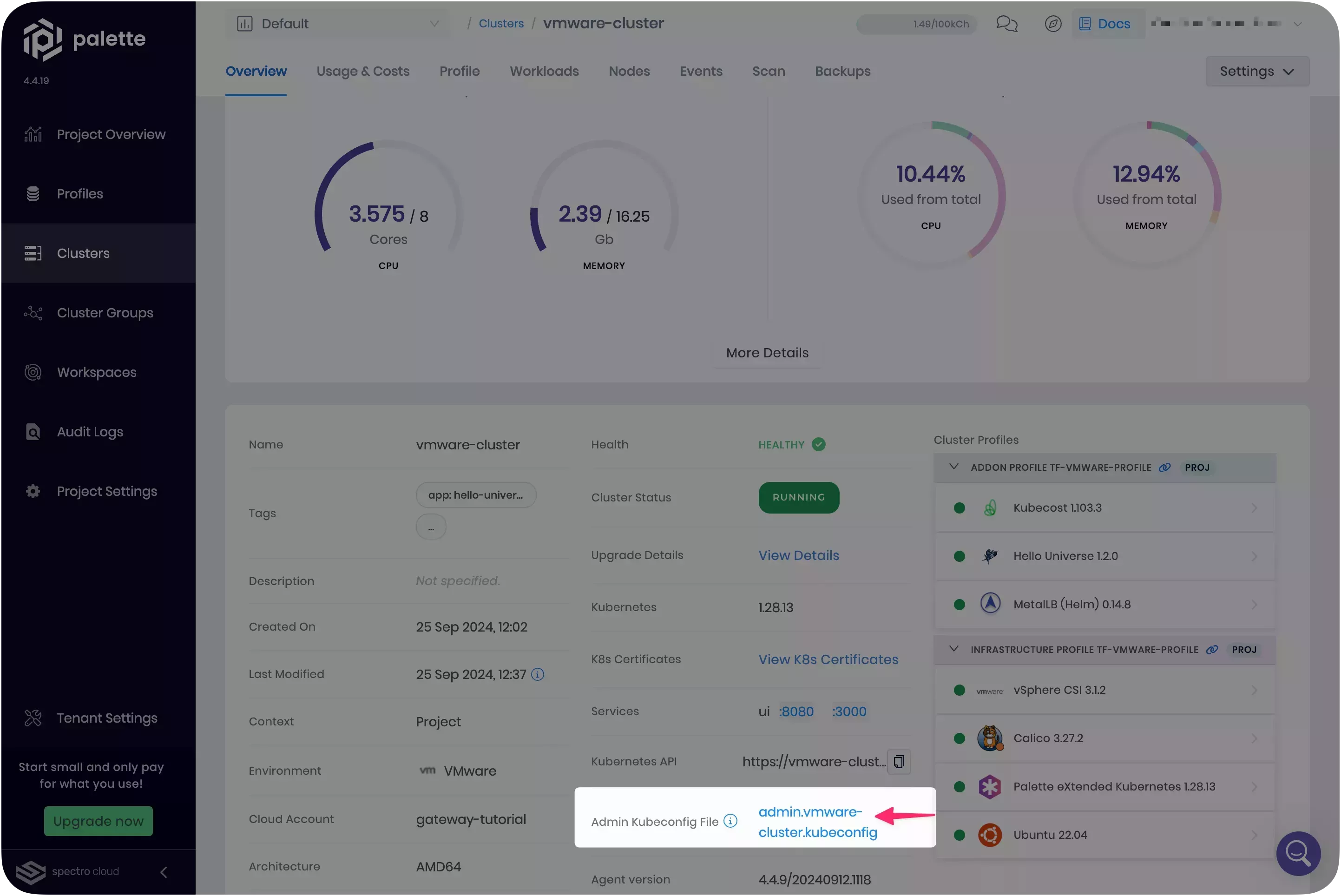 Image that shows the cluster's kubeconfig file location